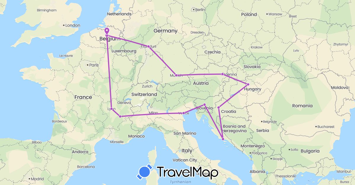 TravelMap itinerary: driving, train in Austria, Belgium, Germany, France, Croatia, Hungary, Italy, Slovenia (Europe)